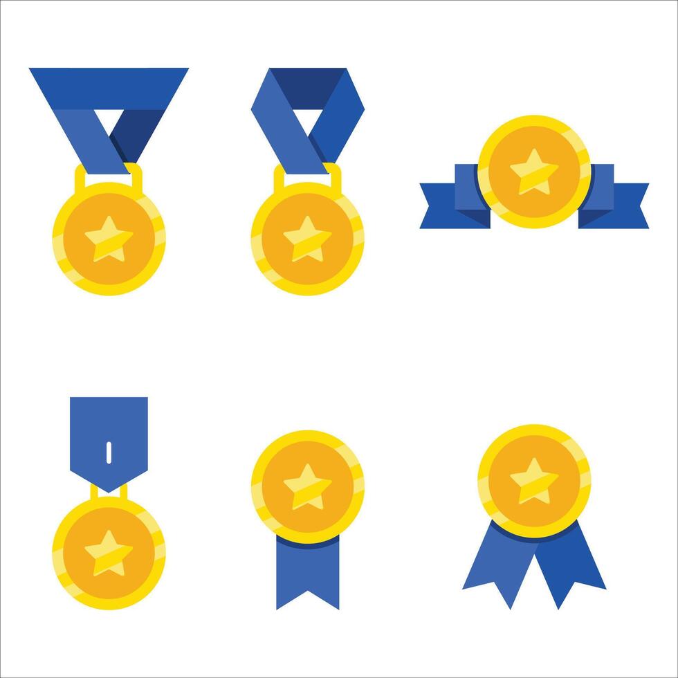 A set of gold and blue medals with stars on them. The medals are of different sizes and are arranged in a row vector