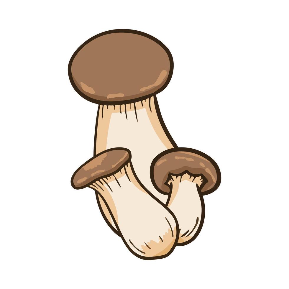 Three mushrooms are drawn in a cartoon style. The mushrooms are brown and white, and they are arranged in a way that makes them look like they are growing out of the ground. vector