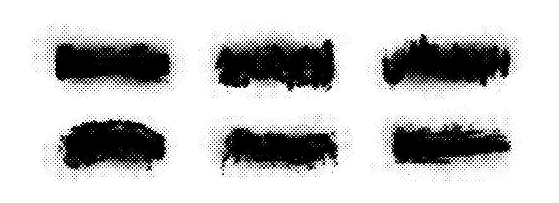 Halftone grunge comic banner set. Rough dotted grainy dirty stripe collection. Pop art paint stain shape pack. Gritty distressed elements for text box, poster, badge, collage, border, frame vector