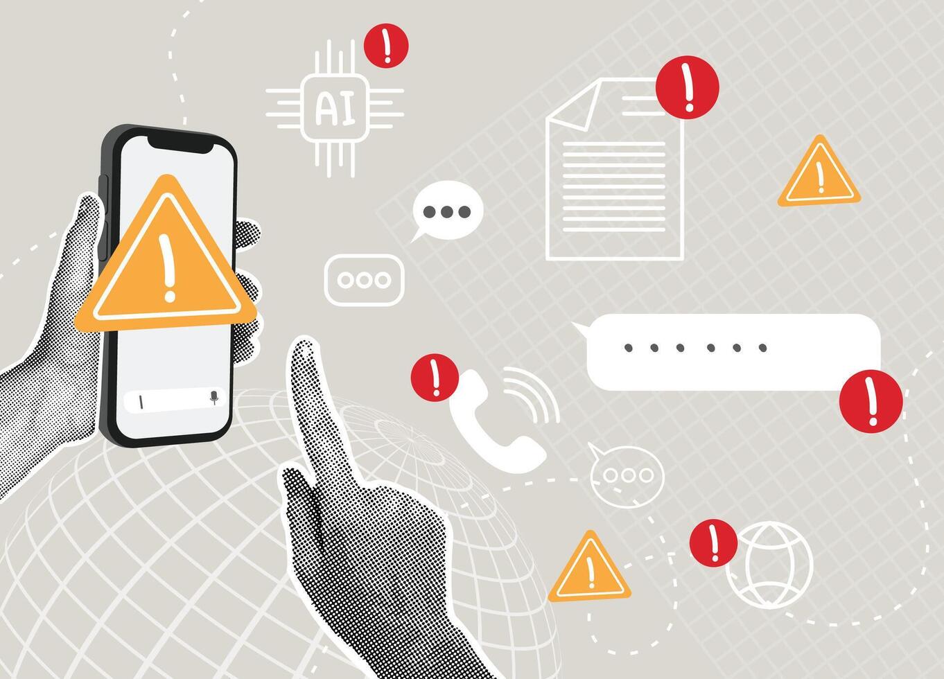 Fashion collage in halftone. AI and mobile security alert with virtual threat warning signs. Concept of data leakage, hacking attempt, malware risk, online security. illustration vector