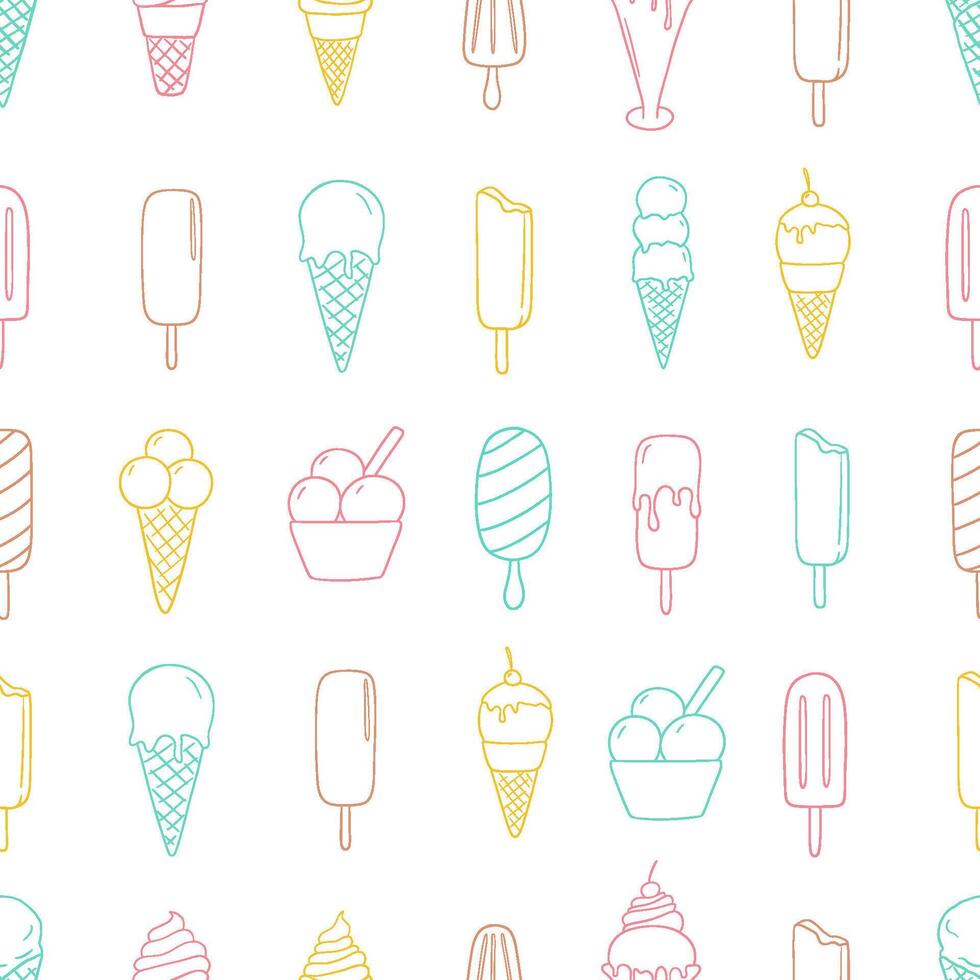 Seamless pattern with ice cream cones and popsicles on white background. Summer dessert, repeating backdrop. vector