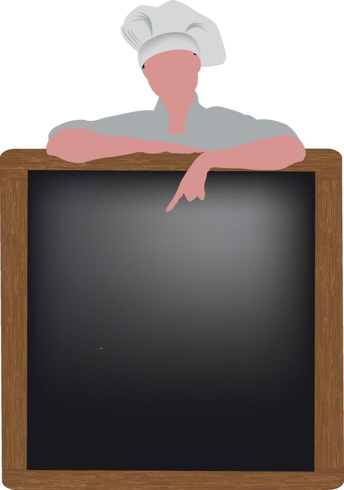 -Chef pointing at empty blackboard menu with wooden frame vector