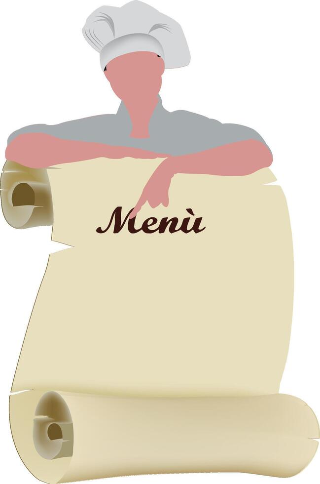 -Chef pointing at menu on old paper scroll vector
