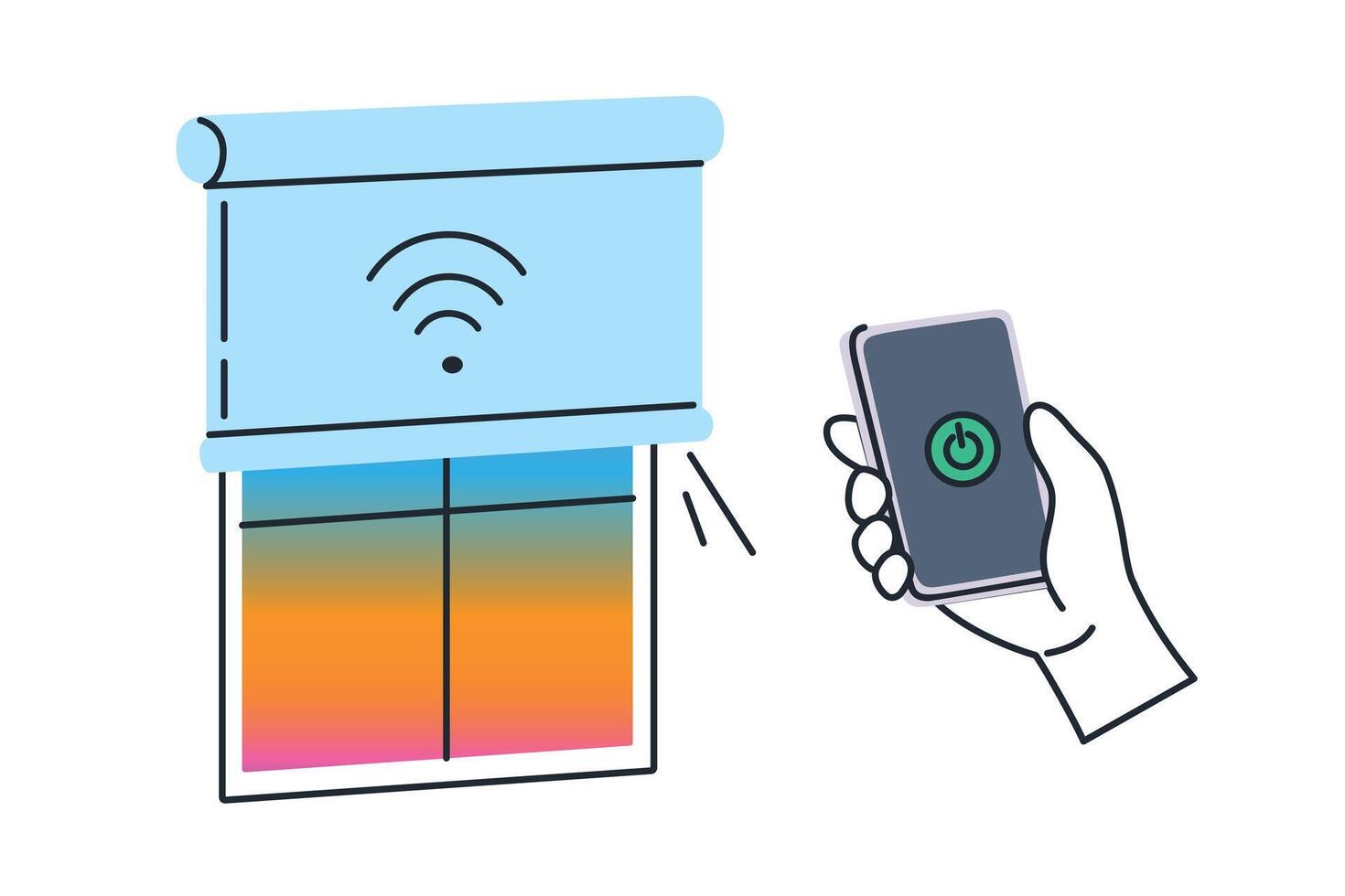 Flat cartoon illustration of smart curtains controlled by smartphone. Hand holding phone with power button icon. Concept of smart home technology, automation, convenience and modern lifestyle vector
