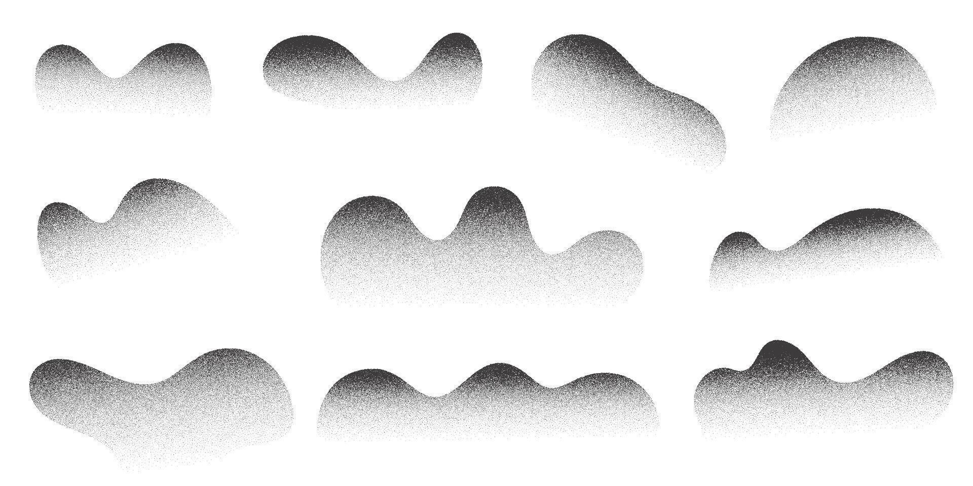 Grainy dotted abstract shapes on white background. Noisy gradient with black stipple shadow. Liquid figures with dotted fade. Dusty spots with diffuse texture. Monochrome fluid effect vector