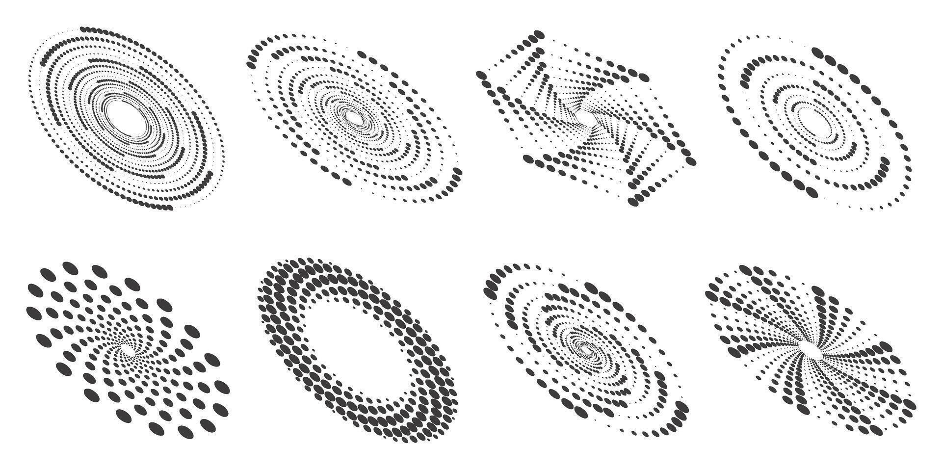 Abstract dotted round with spiral pattern. Circular graphic on white background. Swirl circle shapes with halftone effect. Geometric concentric radial elements. vector
