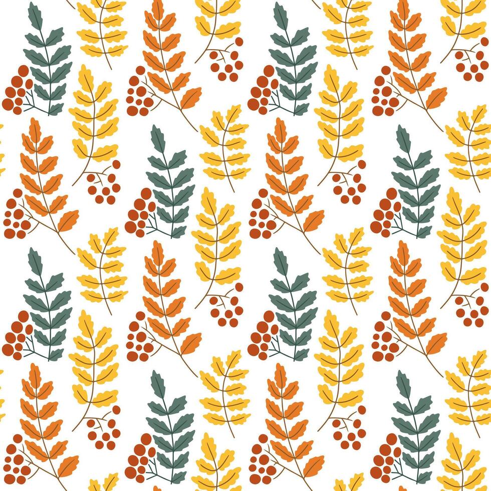 Seamless pattern with rowan branches, berries, and autumn leaves in warm colors. Concept of seasonal nature design, fall harvest, and botanical background vector