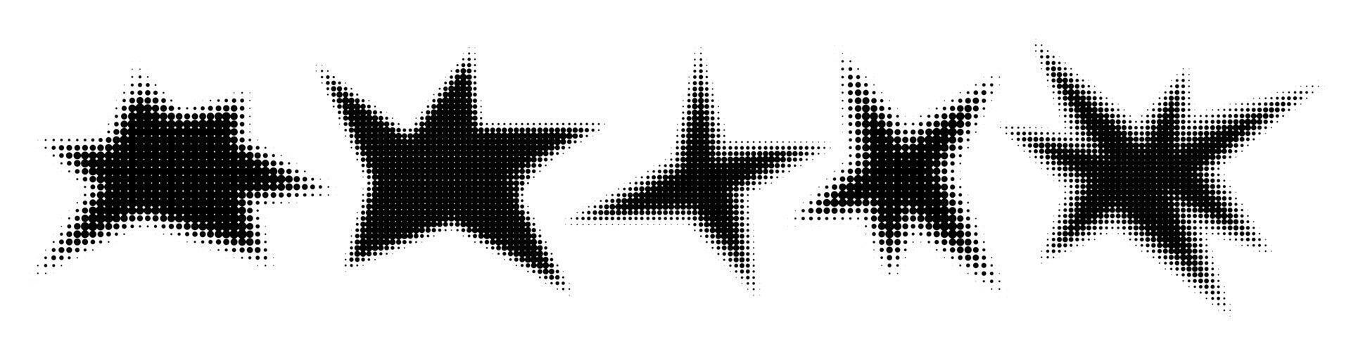 Set of abstract halftone gradient playful shape. Retro spiked circle stickers. Bursting explosion star in retro style vector