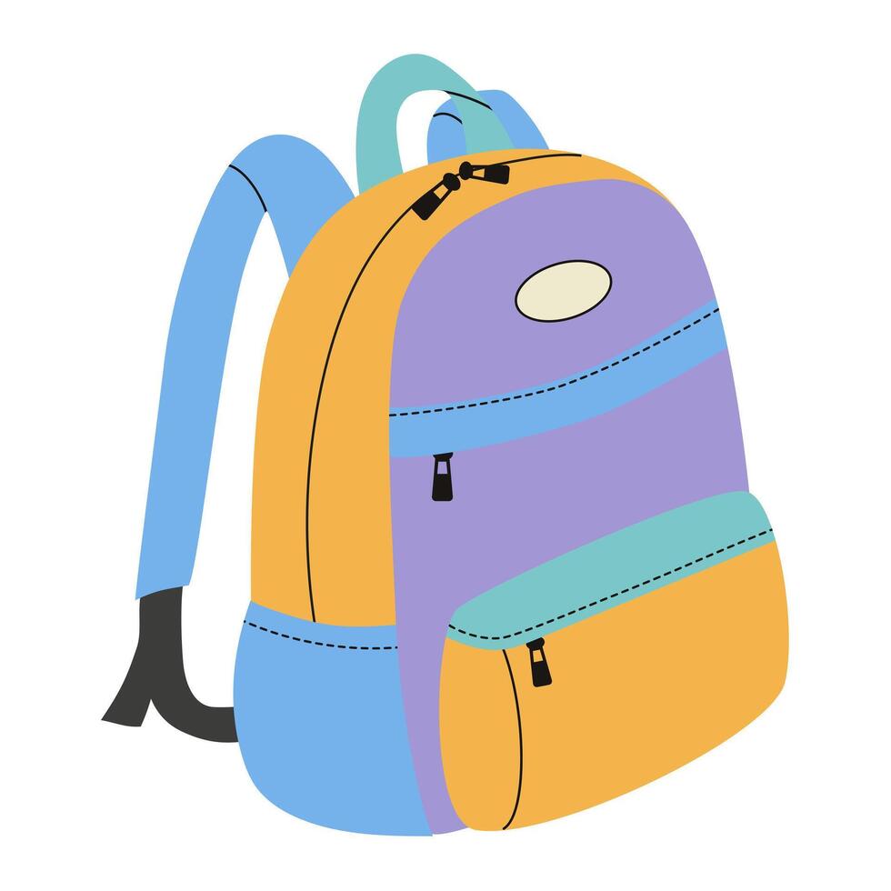 Isolated single element of schoolbag. Trendy design in flat style. Colorful backpack with multiple pockets and straps. vector