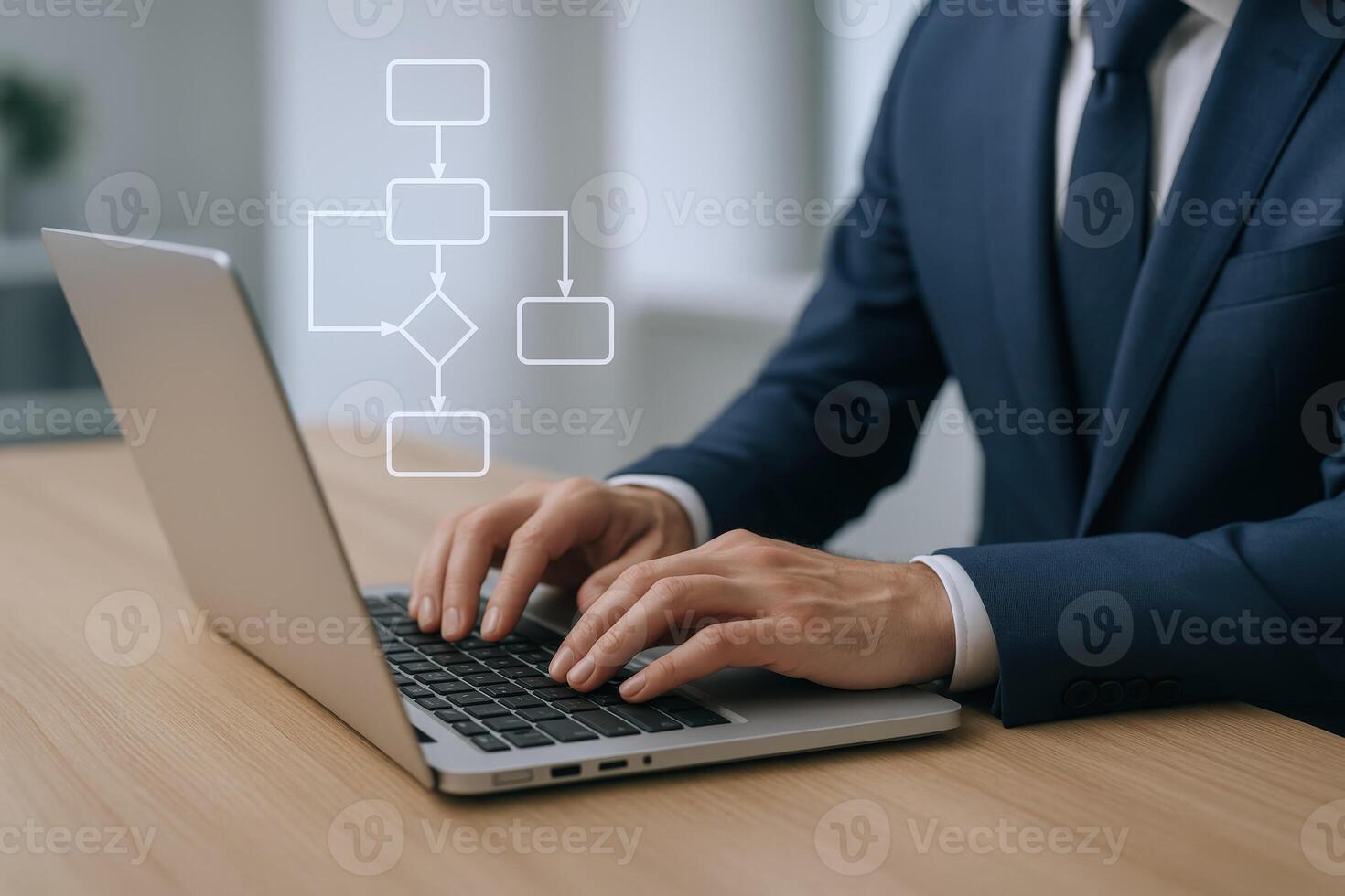 Businessman Working on Laptop with Flowchart Overlay for Business Process and Workflow Automation photo
