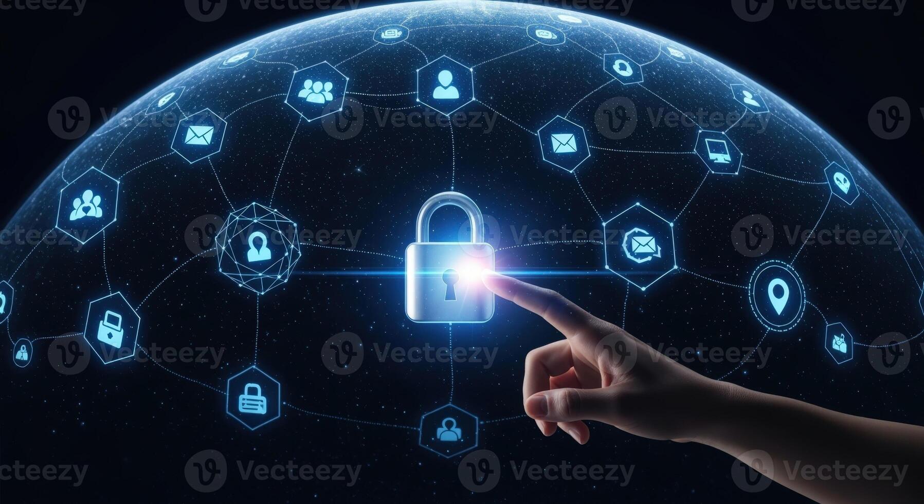 Cybersecurity Concept Person Touching a Glowing Padlock Representing Data Protection and Online Security System photo
