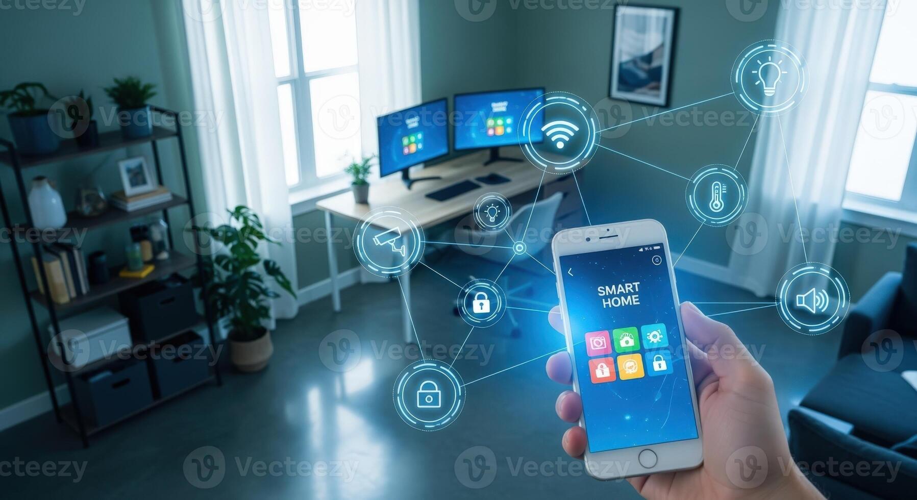 Smart Home Control on Mobile Device Modern Interior with Connected Home Automation Technology Display photo