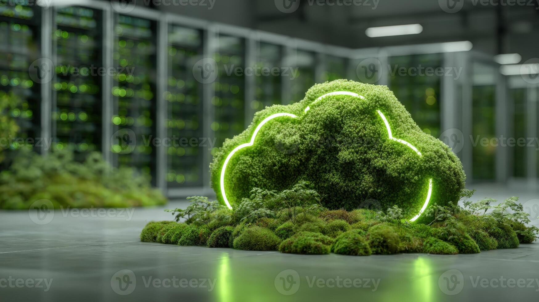 Sustainable Data Center Concept with Moss and Glowing Cloud Symbol, Emphasizing Green Technology and Eco-Friendly Solutions photo