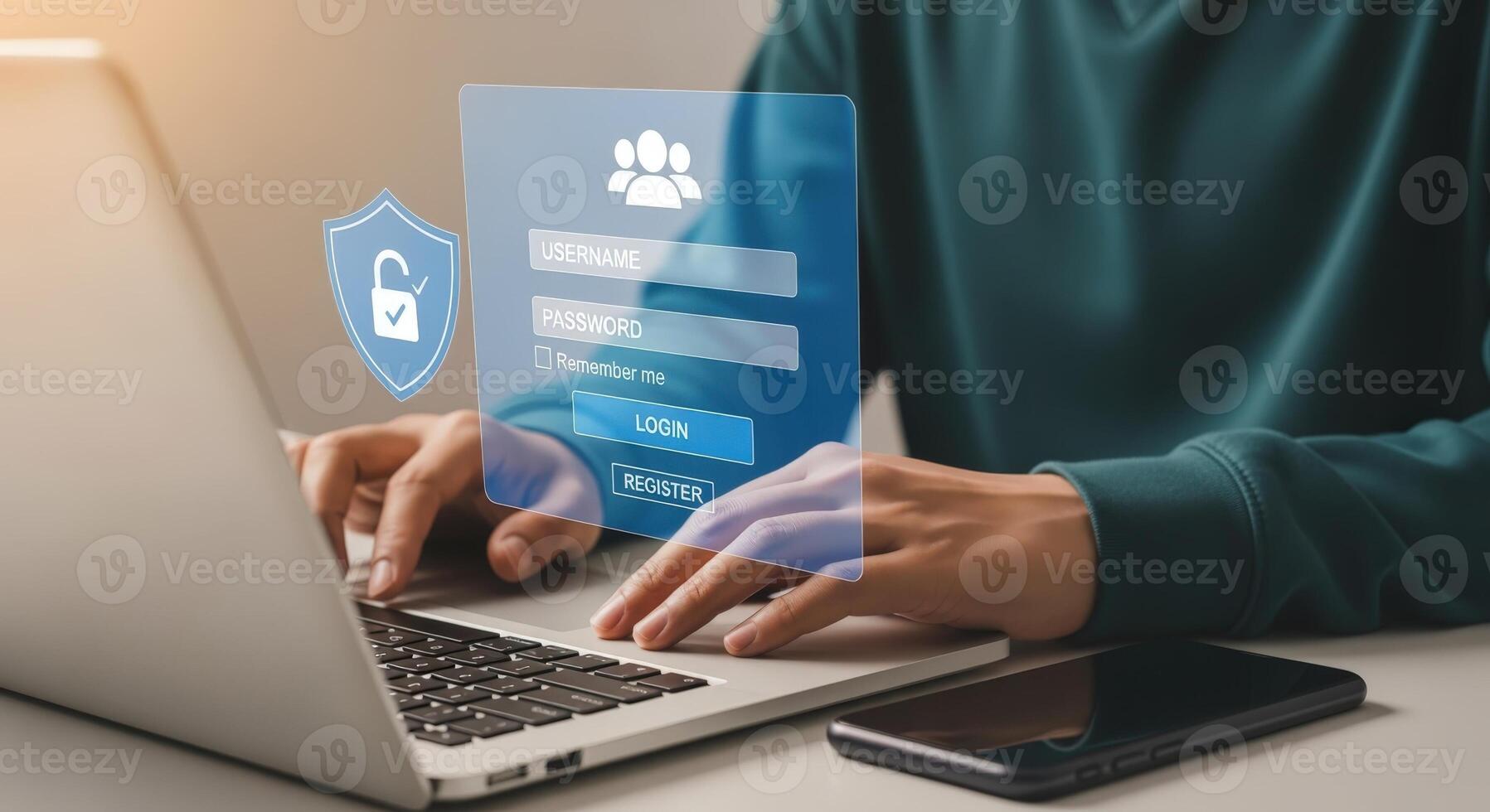 User logs into secure online platform with two factor authentication for data protection photo