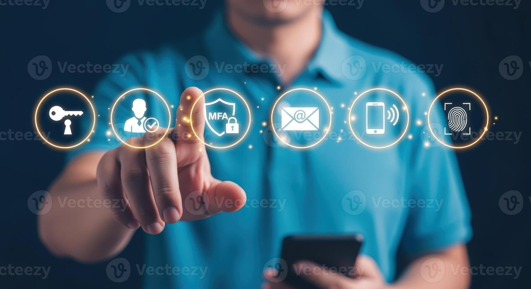 Multi-Factor Authentication Technology Man Interacting with Digital Security Interface for Enhanced Protection and Authentication Process photo