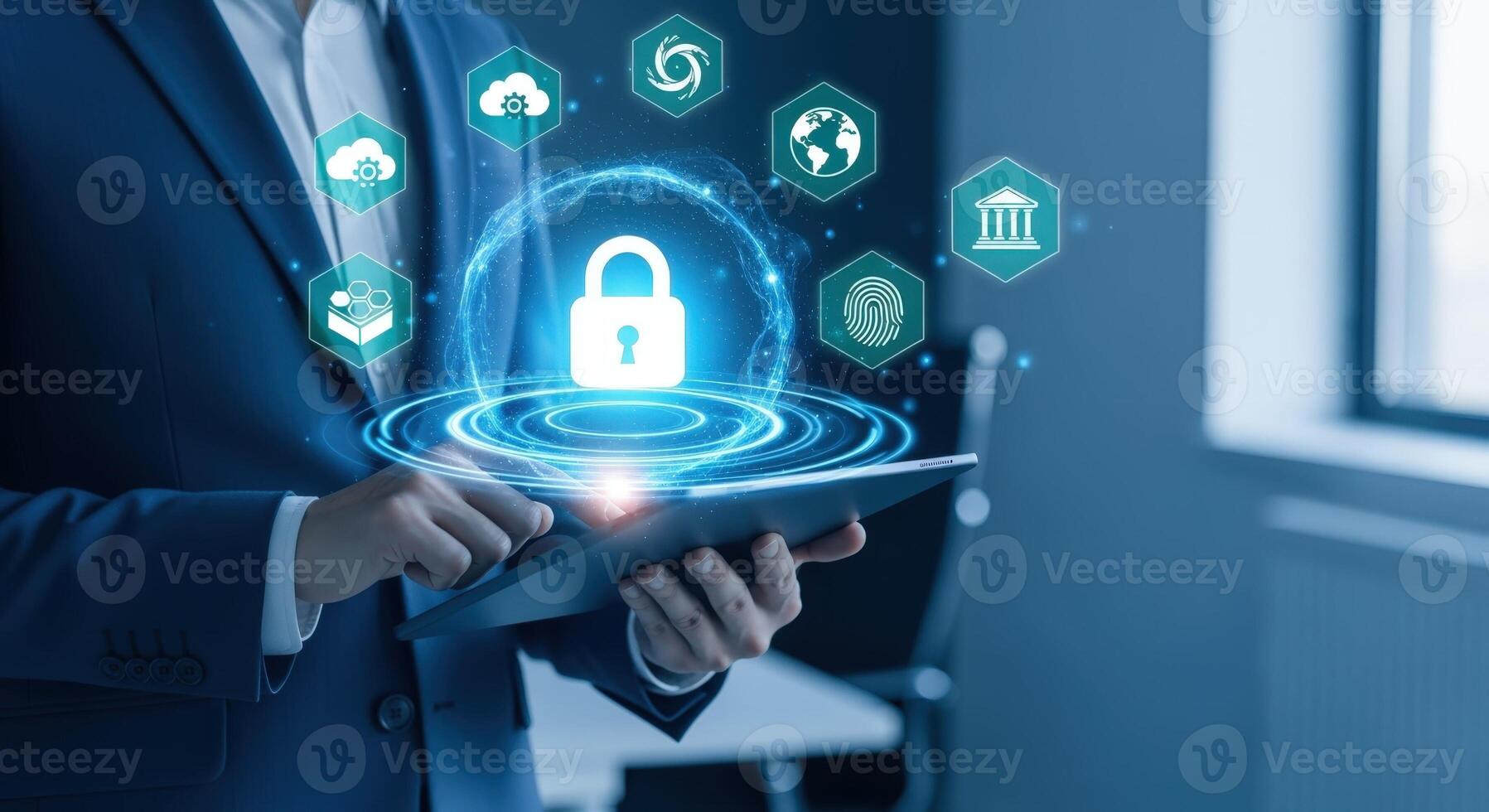 Businessman Using Tablet with Cyber Security Interface Data Protection, Encryption and System Access photo