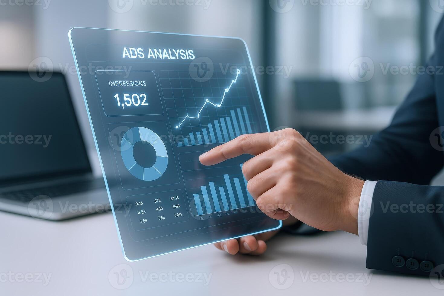 Analyzing Digital Advertising Performance on Transparent Screen Displaying Charts and Graphs for Business Growth photo