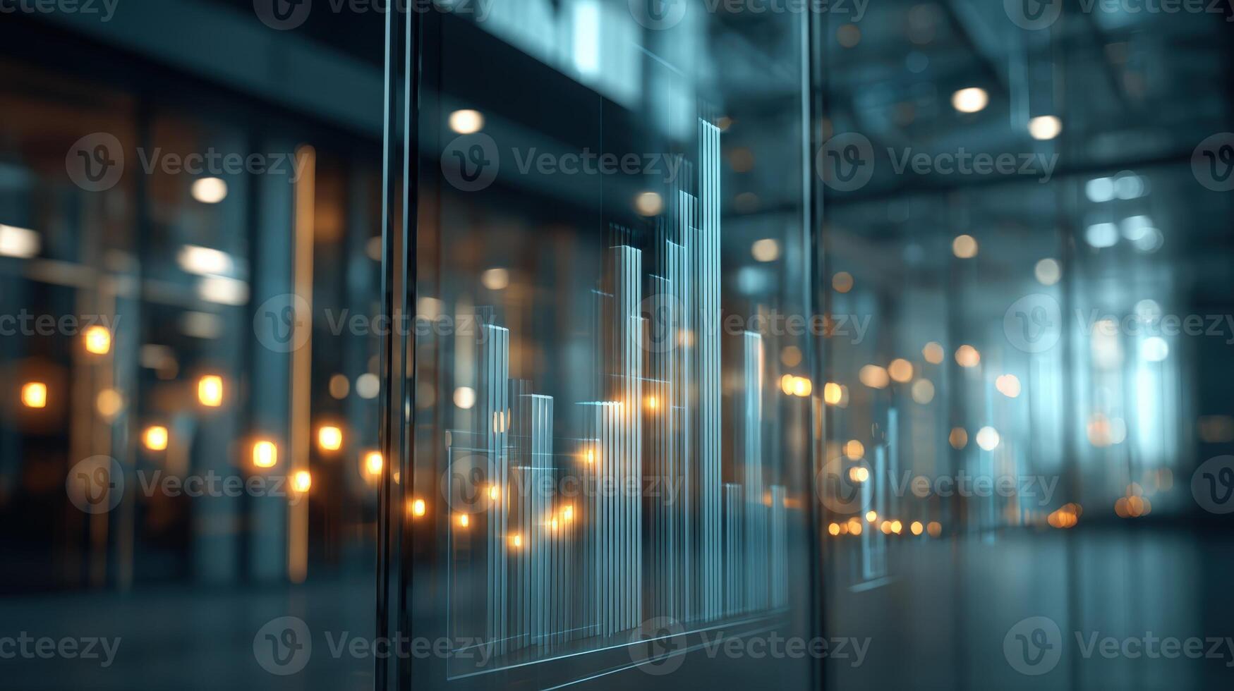 Abstract financial chart in modern office, transparent display, data analysis, business performance photo
