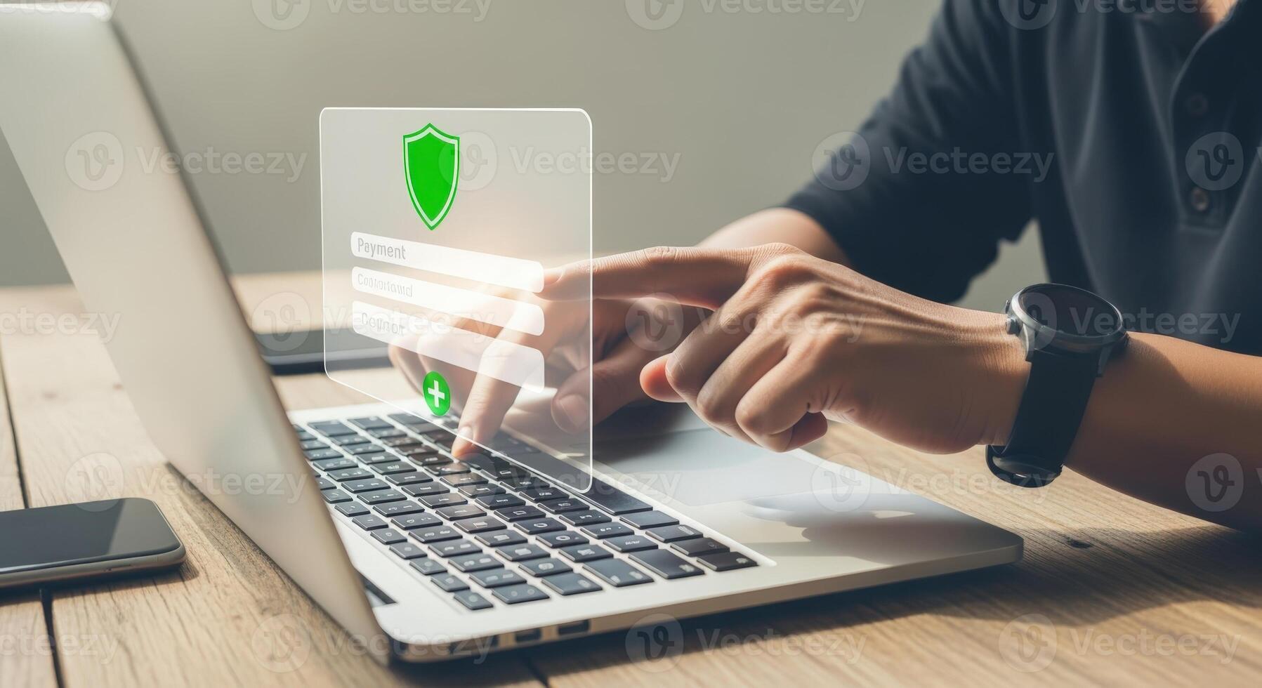 Online Security Shield Man Protecting Digital Data with Password on Laptop for Secure Access photo