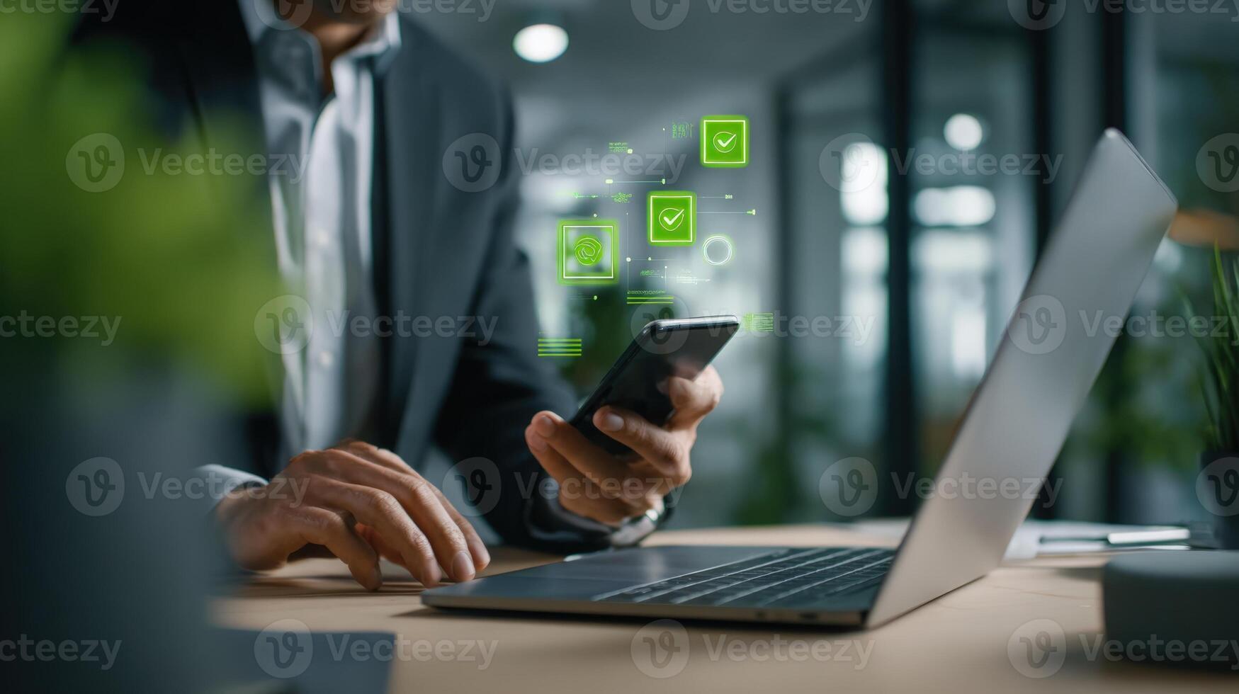 Businessman Using Smartphone with Augmented Reality Interface for Data Confirmation and Digital Workflow Management photo