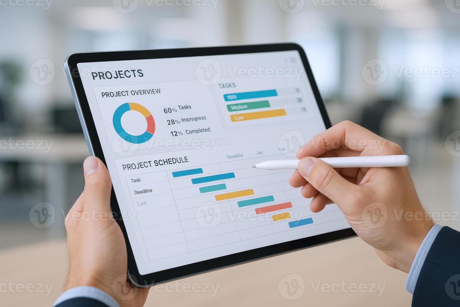 Project Management on Tablet Businessman Analyzing Data, Schedules, and Tasks for Strategic Planning photo
