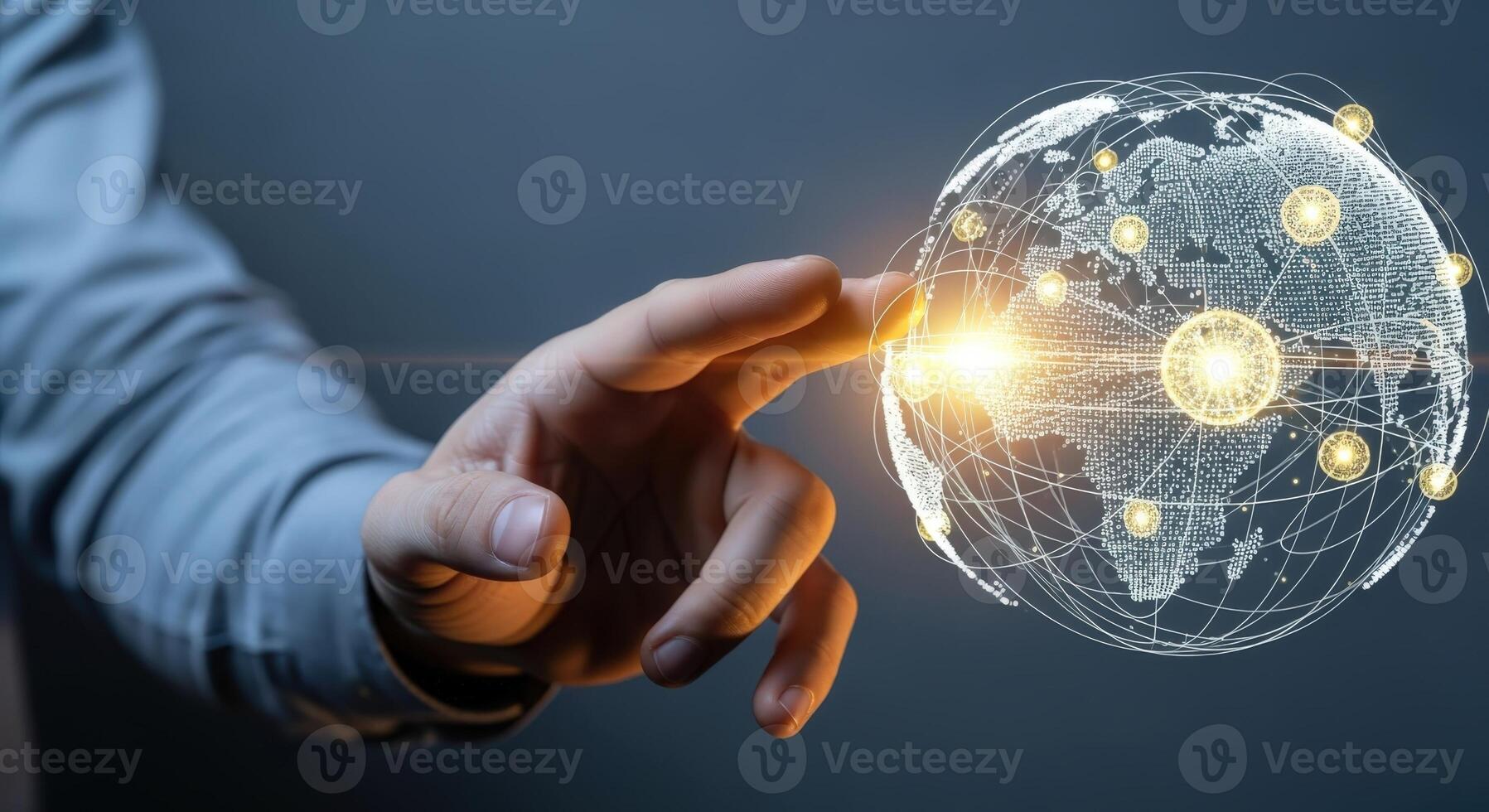 Global Network Connection Concept Hand Interacting with Digital World Map Interface, Representing Communication and Technology photo