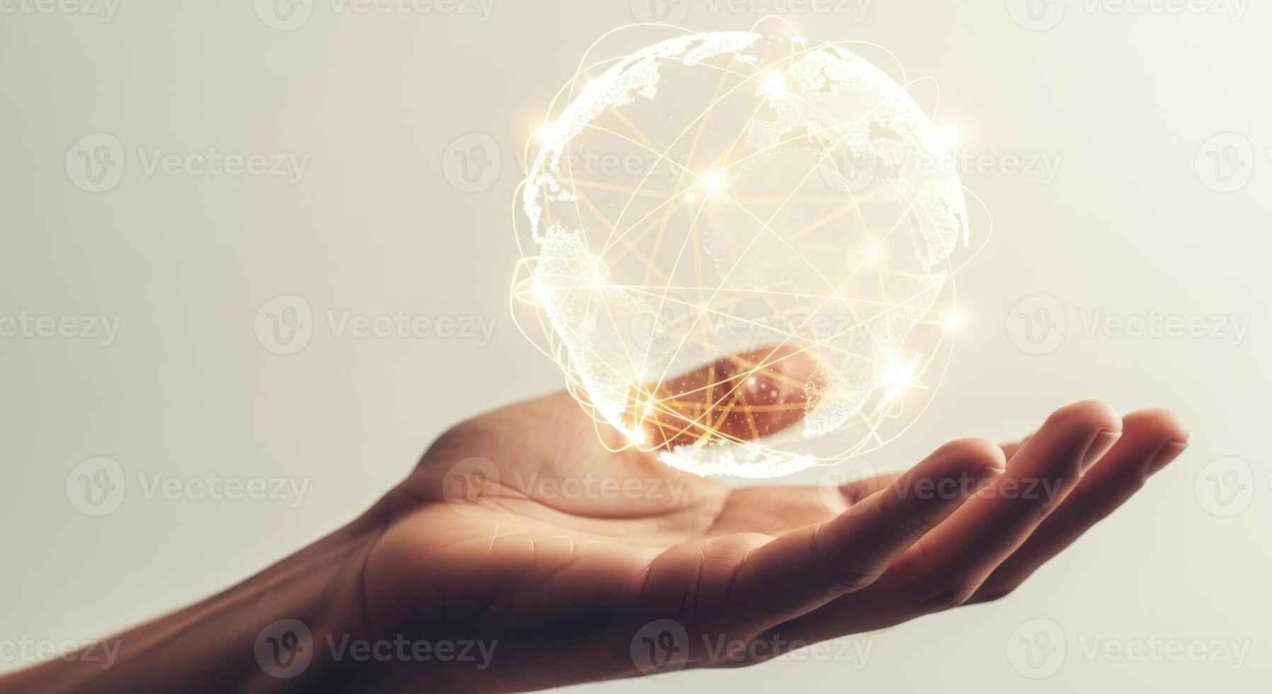 Global Network Connection Concept Hand Holding Digital Sphere Representing Worldwide Communication and Technology photo