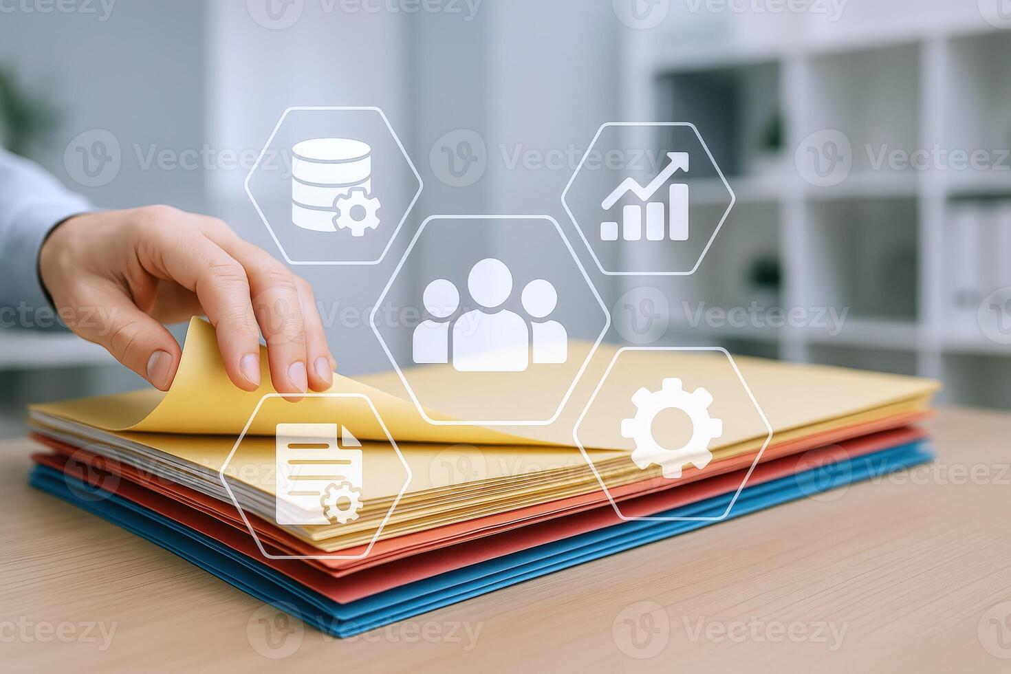 Data Management Concept Hand with Folders and Data Icons for Business Strategy and Analysis photo