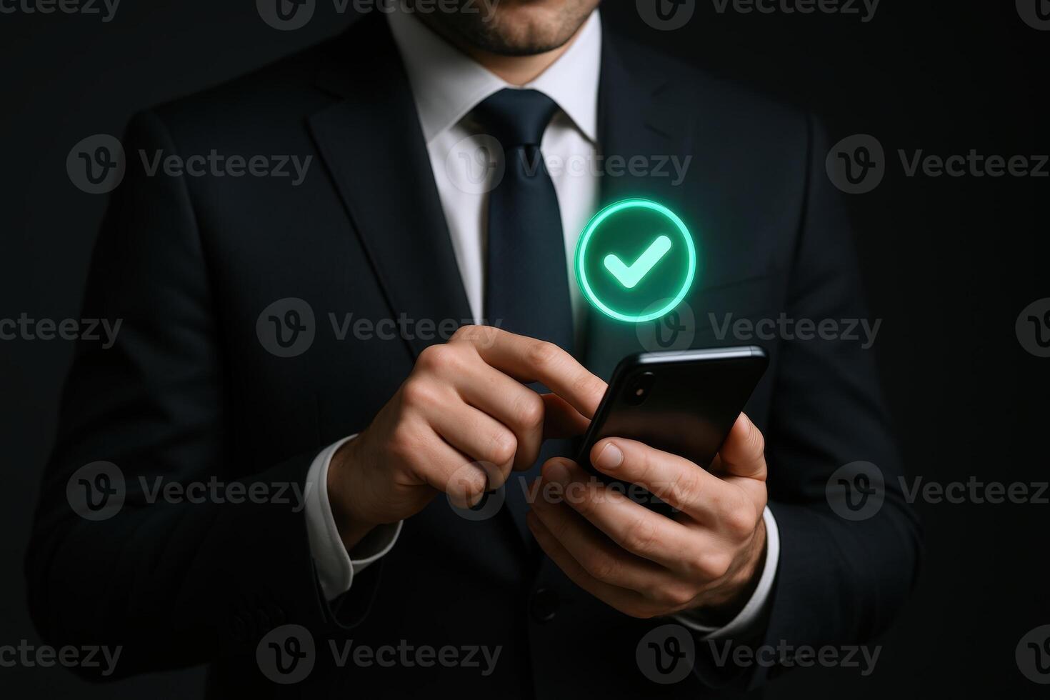 Businessman using smartphone, green check mark, represents approval, success, task completion, confirmation, and satisfaction photo