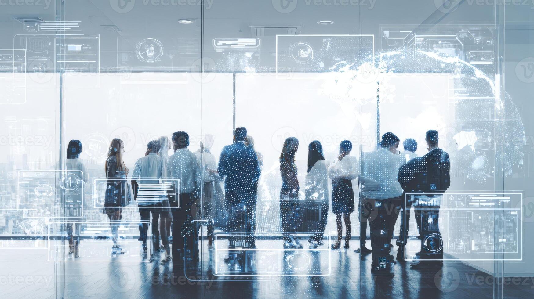 Diverse Business Team Contemplating Future Technology Near Window with Global Network Interface Display and Data Visualization photo
