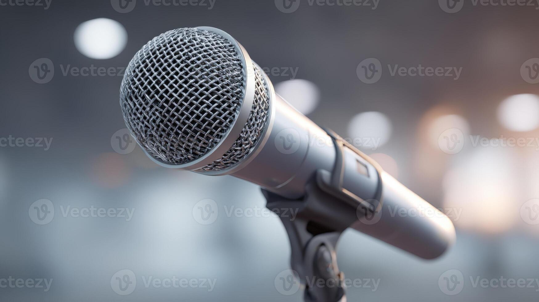 Silver microphone on a stand, illuminated stage with blurred background, broadcasting studio and live performance concept photo