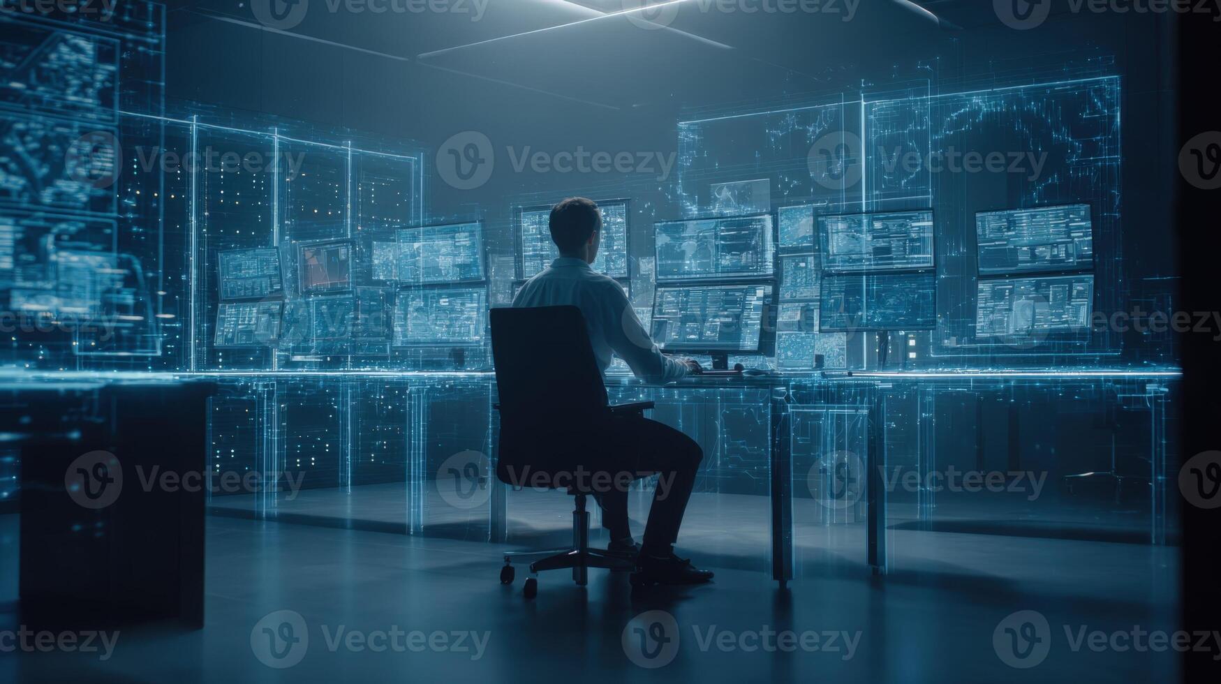 Data Scientist Working in Futuristic Control Room Analyzing Data on Multiple Computer Screens photo