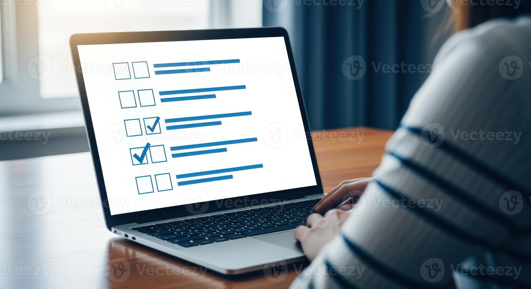 Online Checklist on Laptop Screen Displaying Completed Tasks, Persons Hands Typing, Survey and Work Concept photo
