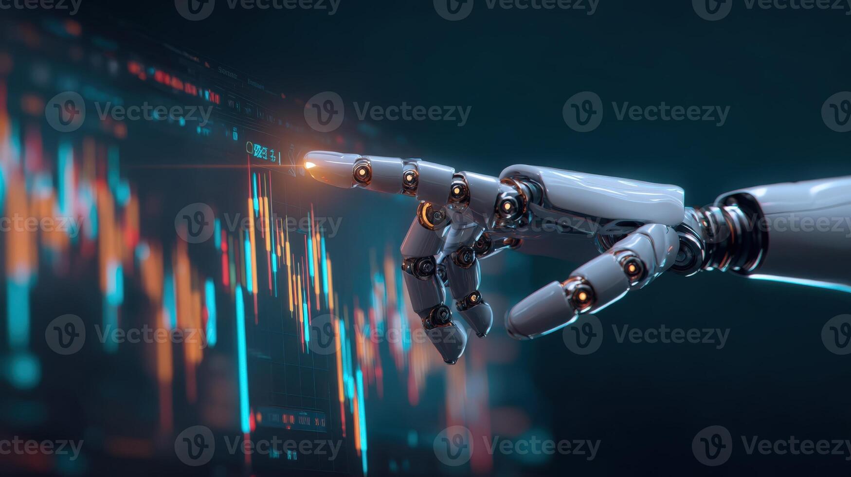 AI-Powered Stock Trading Robot Hand Analyzing Financial Data on Screen for Automated Investment Strategies photo