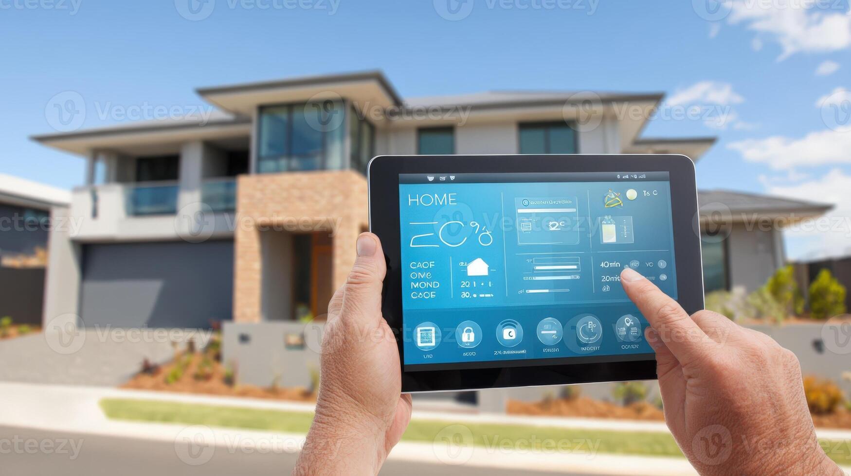 Smart Home Automation System Controlled by Tablet with Modern House Background for Connected Living photo