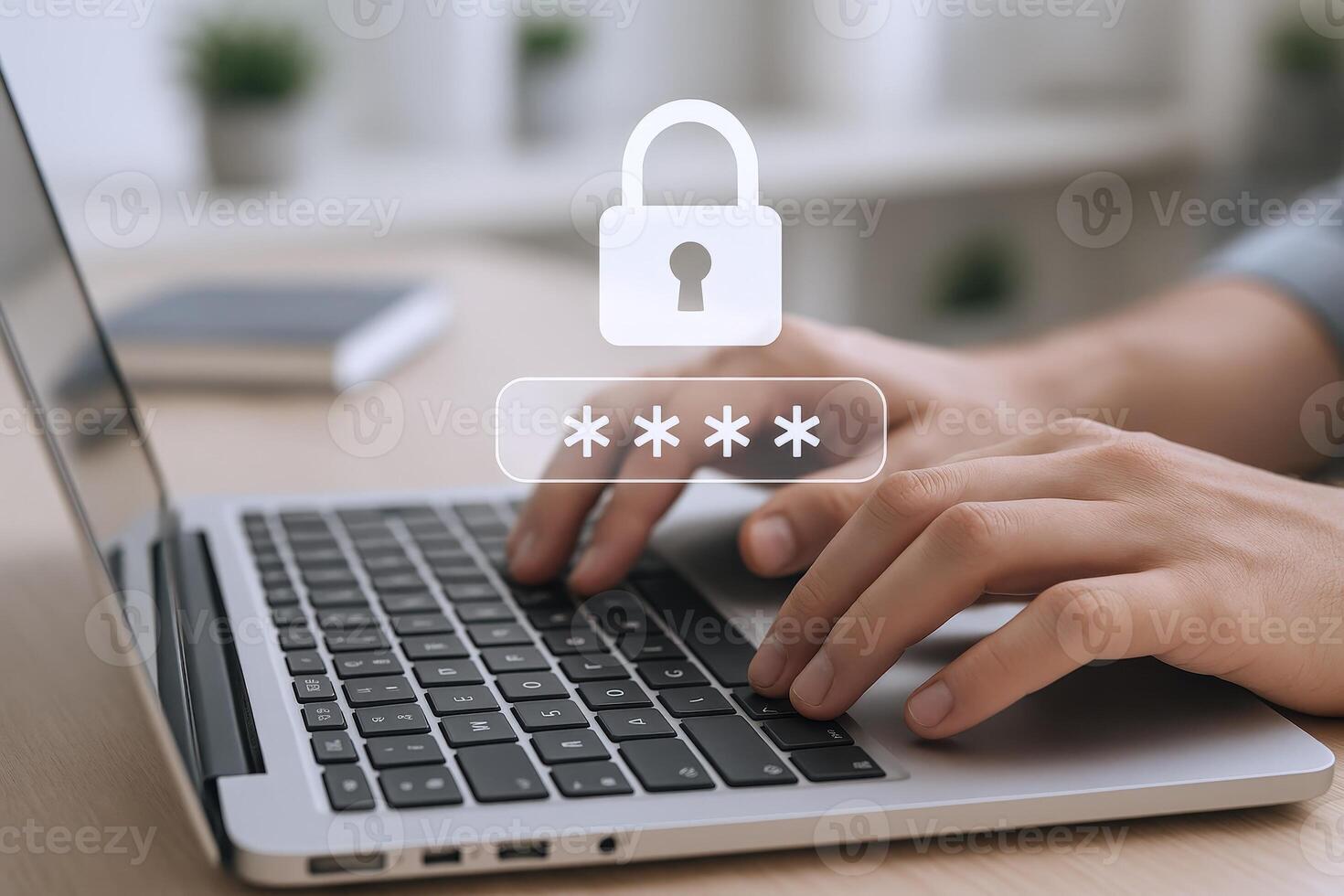 Hands Typing Password on Laptop with Padlock Overlay for Data Security Concept photo