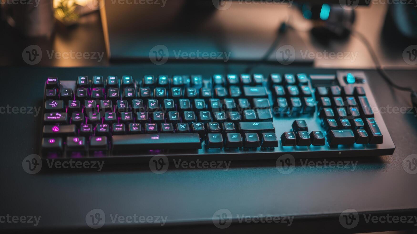 Illuminated Gaming Keyboard on Dark Desk, Close-Up View for Technology and Design Concepts photo