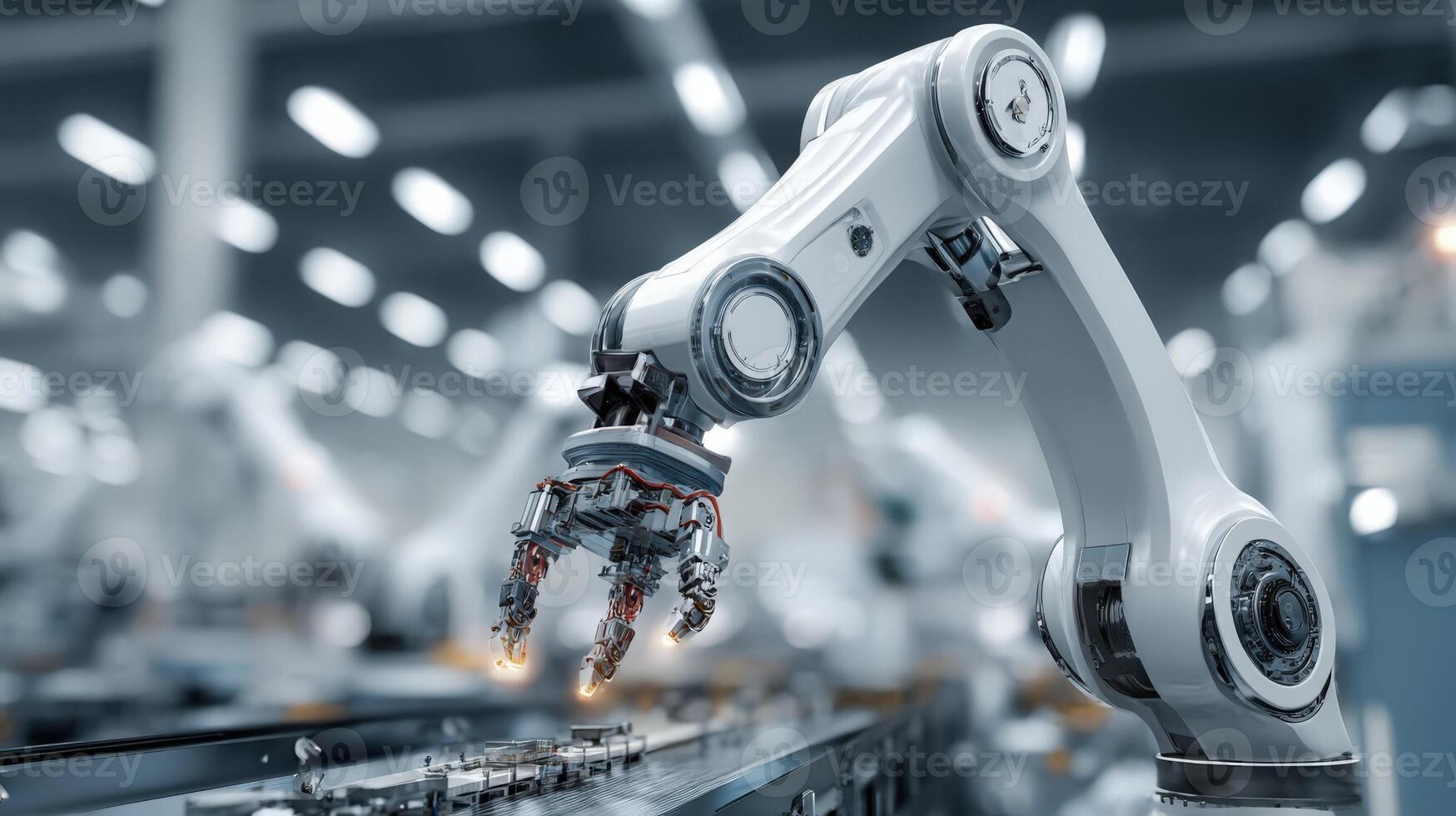 Robotic Arm Precision Assembly in Modern Factory Automation, Manufacturing and High Tech Industry Concept photo