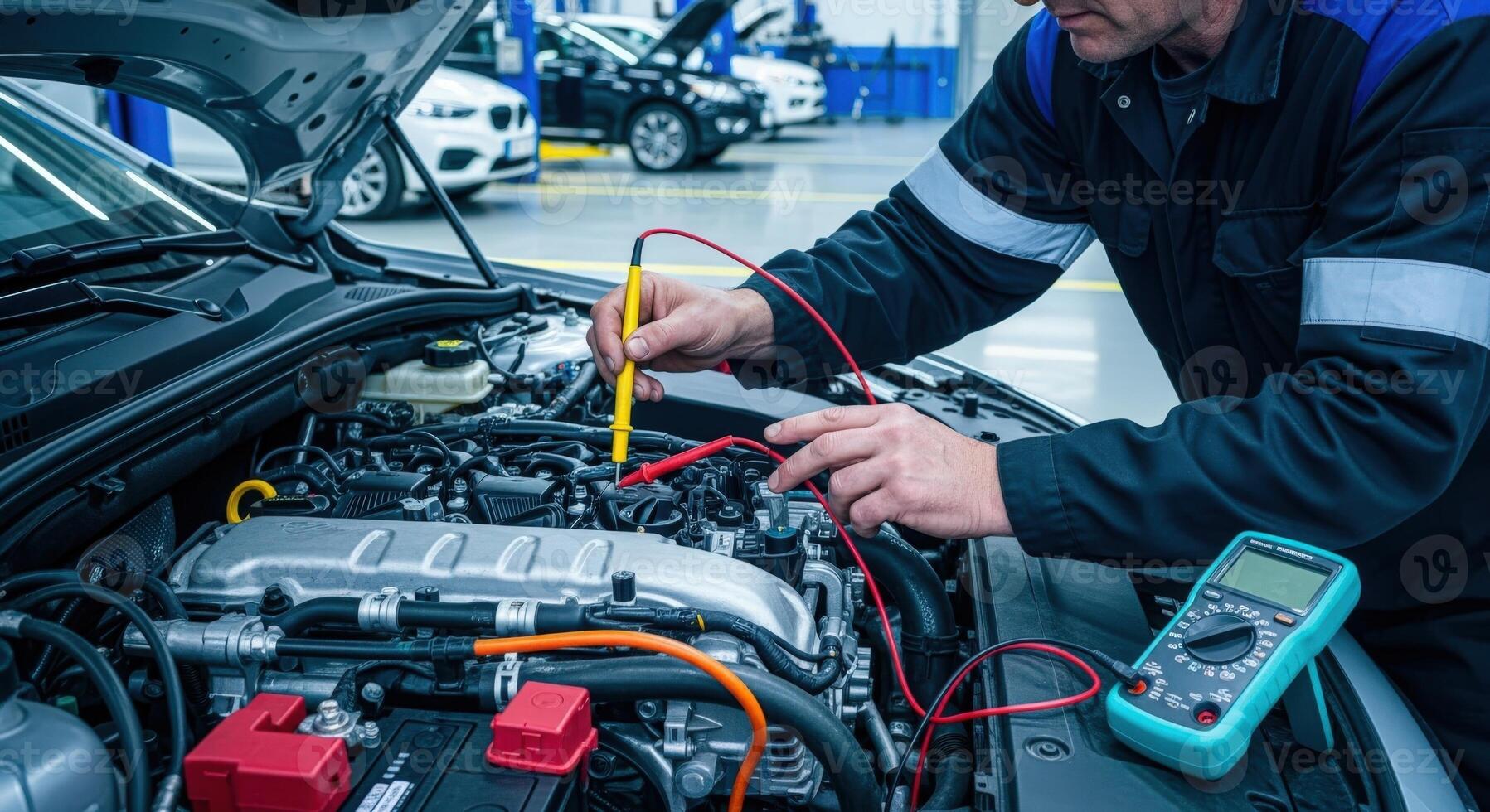 automotor técnico ejecutando diagnóstico pruebas en un vehículo motor con multímetro en garaje ajuste foto