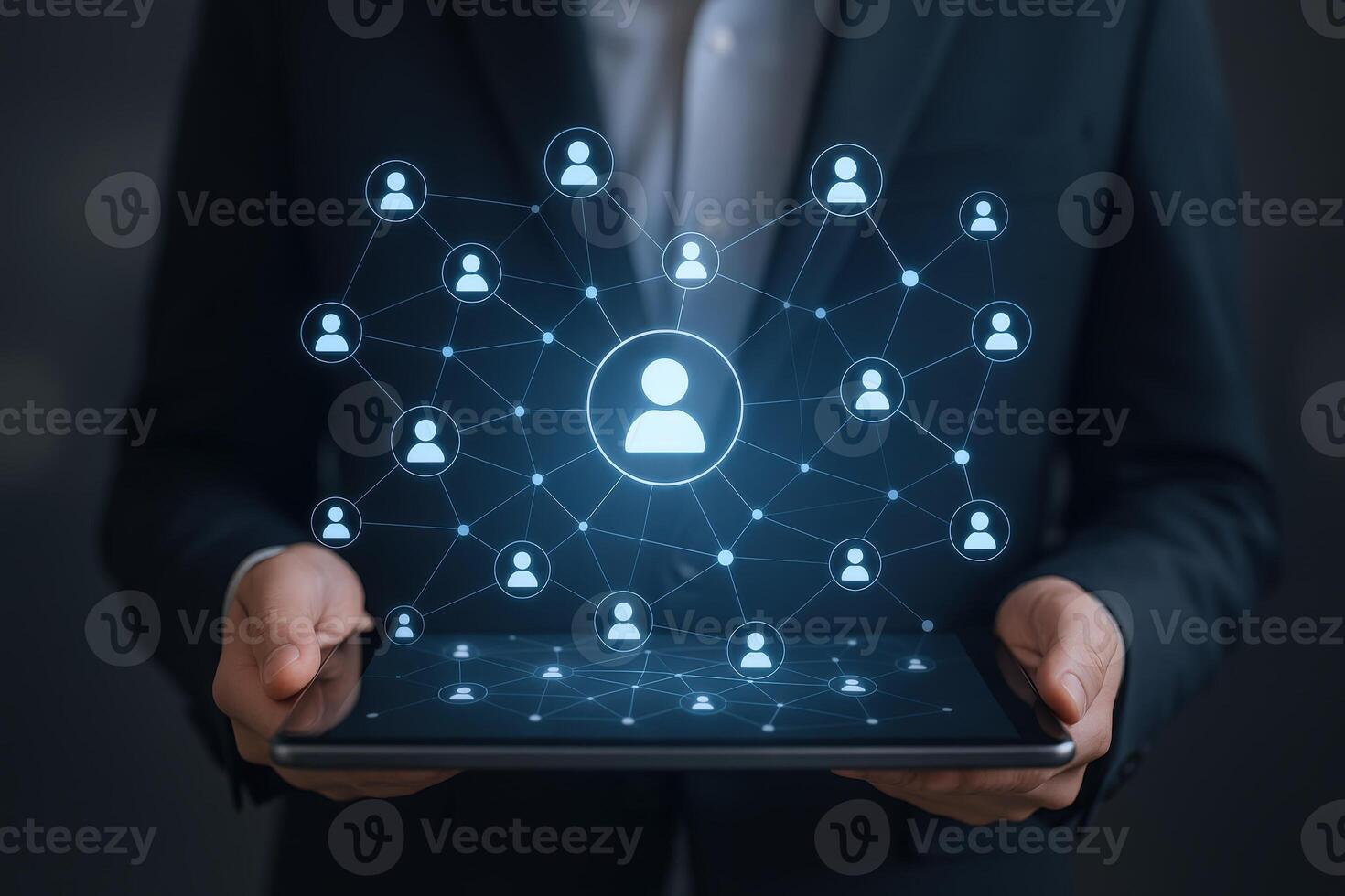Business Professional Holding Tablet Displaying Network Connection Visualization for Global Communication and Team Collaboration photo