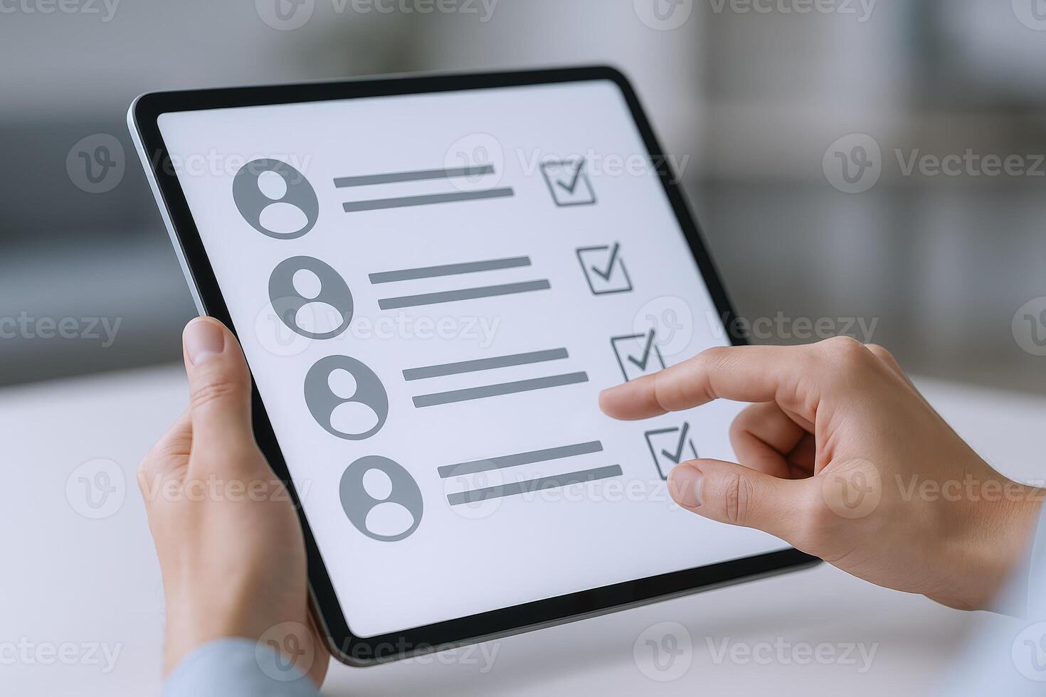 Hands Holding Tablet Displaying a Checklist Interface for Task Management and User Verification System photo