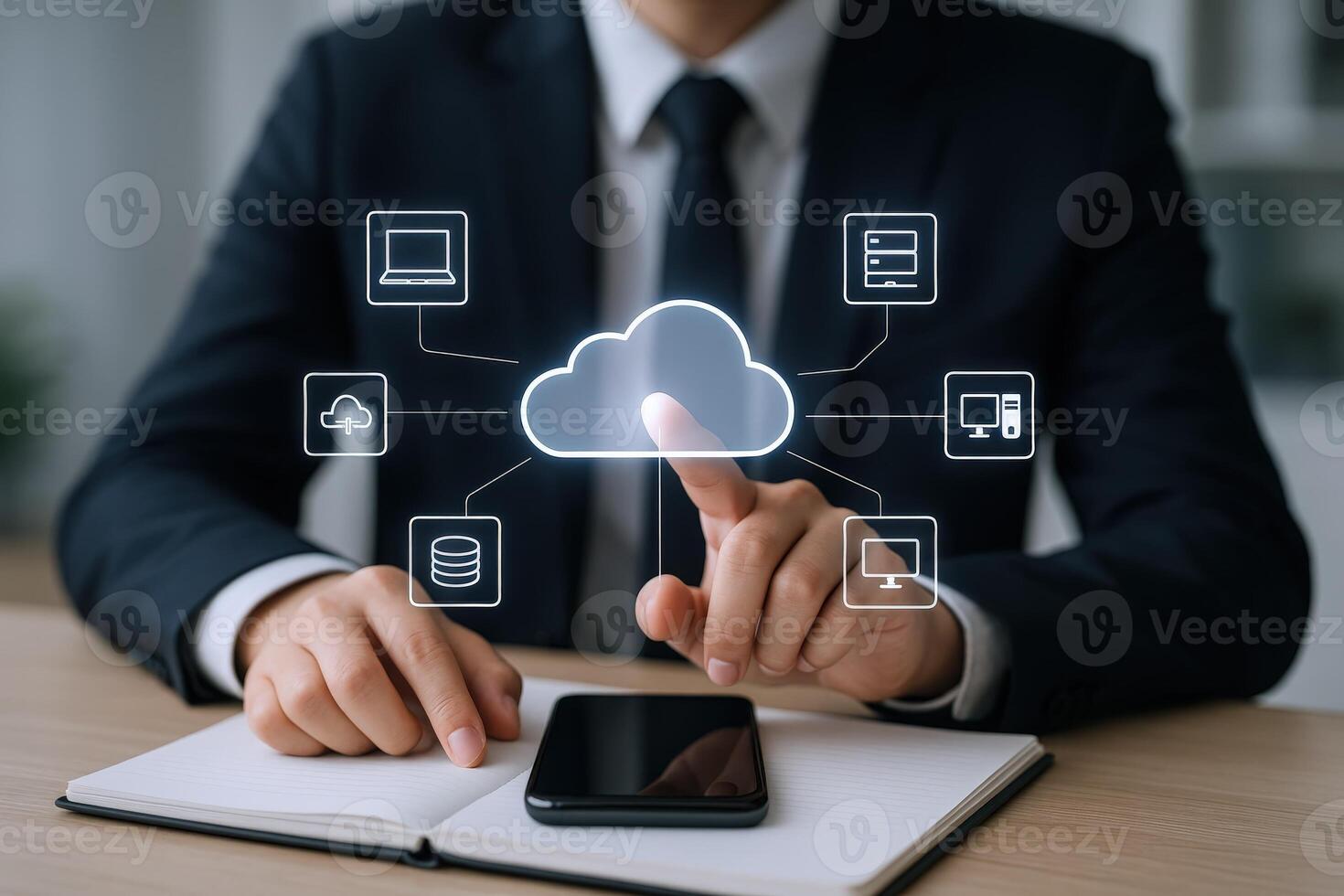 Cloud Computing Concept Businessman Pointing at a Cloud Icon with Connected Digital Devices and Smartphone photo