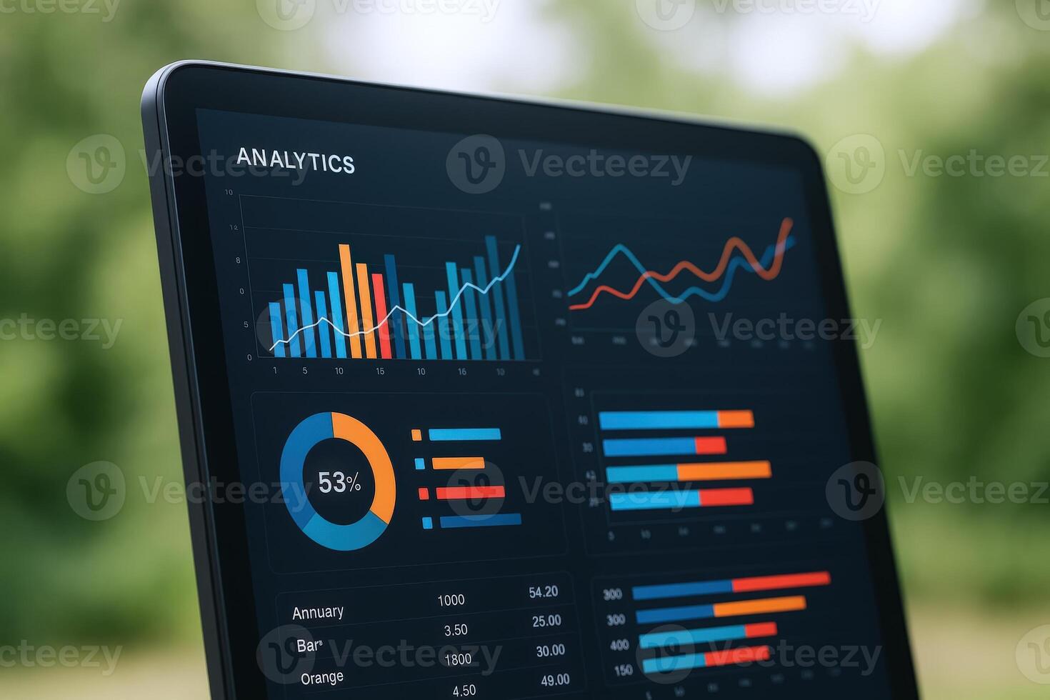 Tablet Displaying Data Analytics Charts and Graphs for Business Intelligence Against a Green Bokeh Background photo