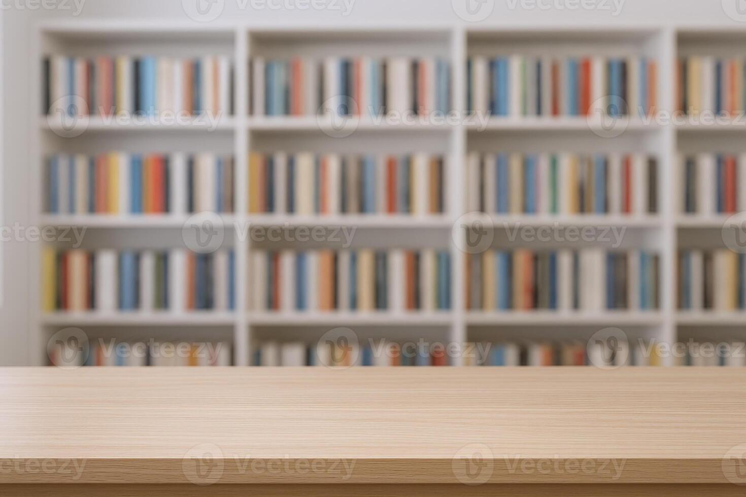 Empty Wooden Table with Blurred Bookshelf Background, Ideal for Product Placement and Mockups photo