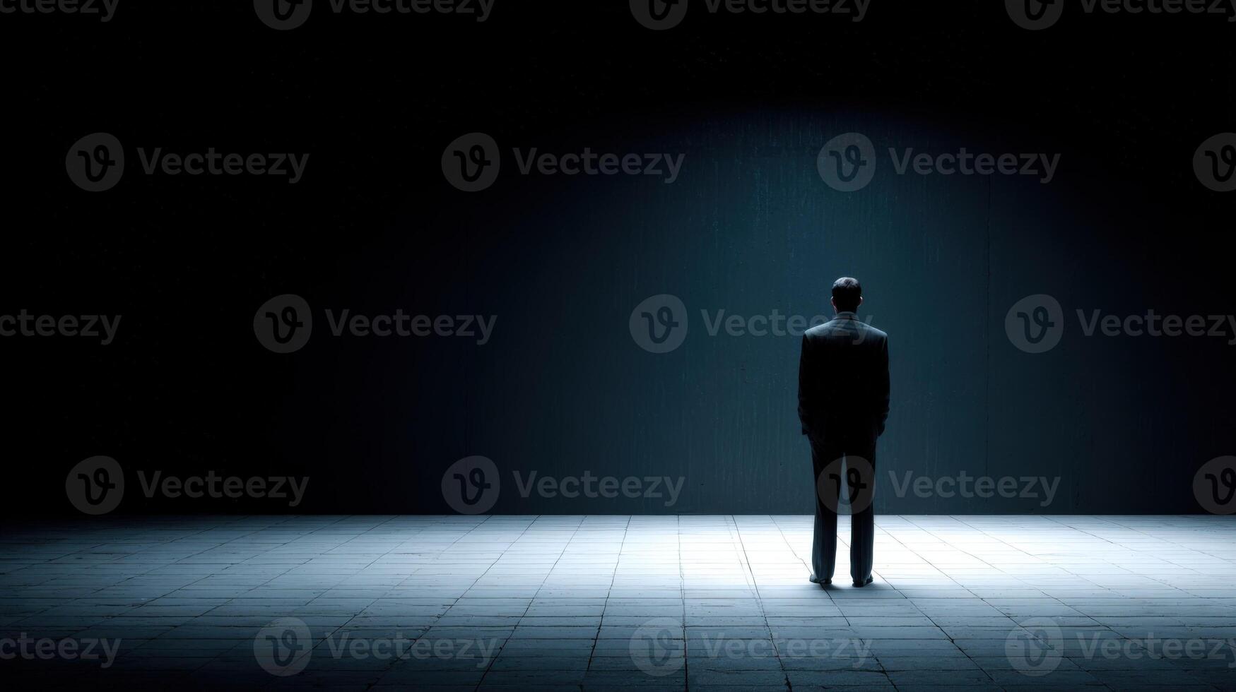 Figure in Spotlight Solitude and Focus in a Minimalist Setting, Exploring Themes of Individuality and Uncertainty photo