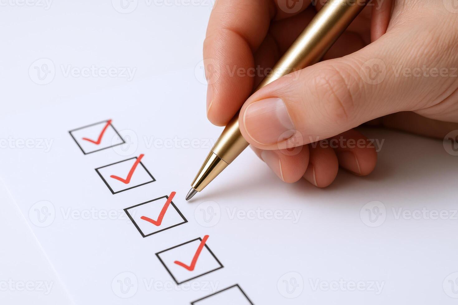 Checklist Completion Hand Marking Boxes with Pen on White Paper for Task Management photo