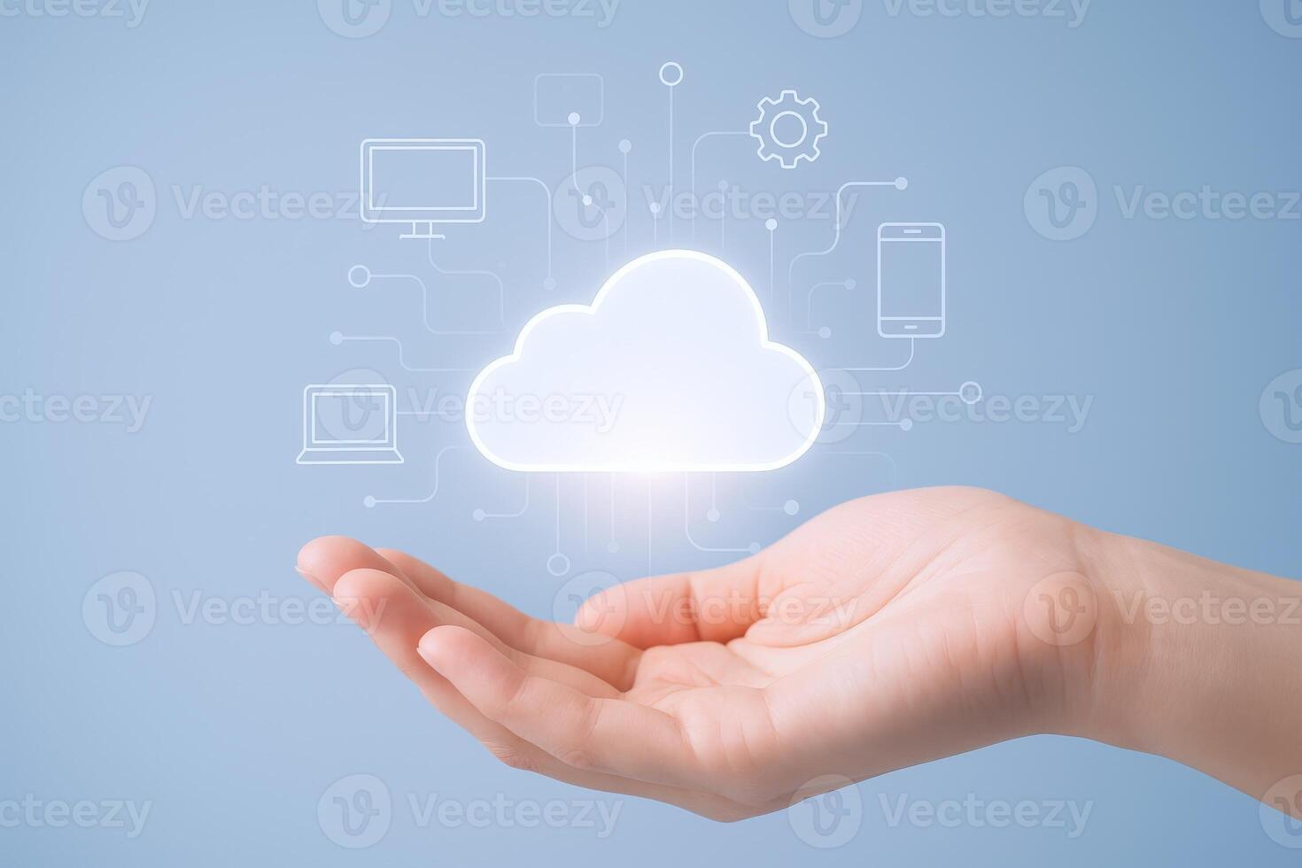 Cloud Computing Technology Displayed Above Human Hand, Representing Digital Networking, Data Storage, and Modern Solutions photo