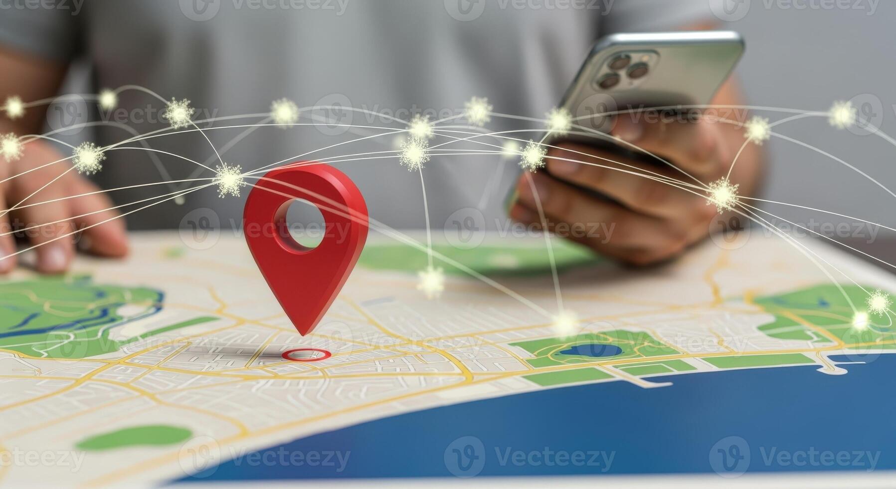 Navigation Concept Person Using Smartphone on Map with Location Pin and Network Visualization photo