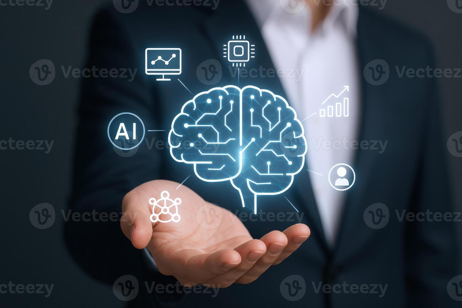 Artificial Intelligence Brain Concept Man Holding Hologram Representing Machine Learning and Neural Networks photo