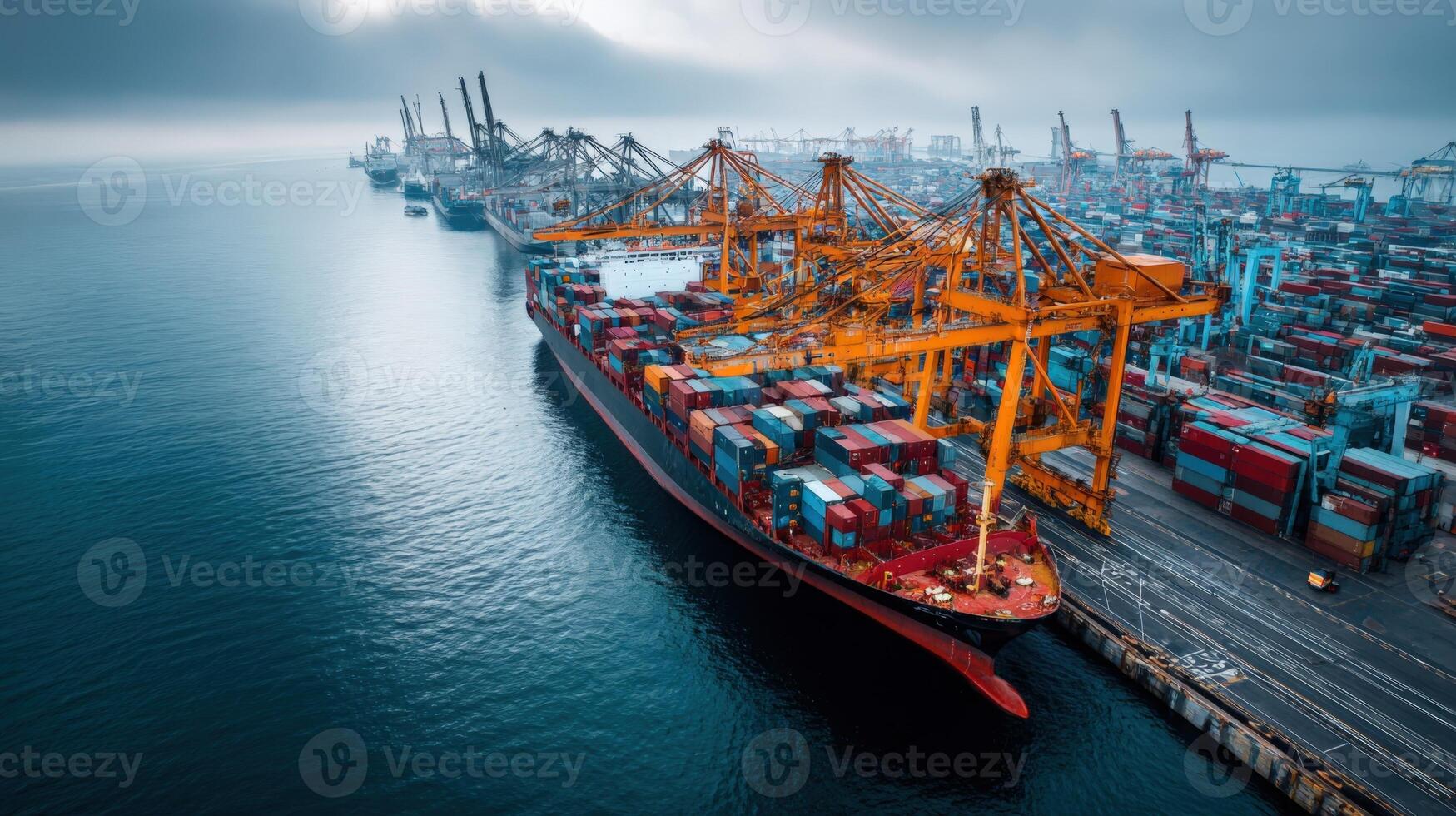 Container Ship Moored at a Commercial Port Terminal for Loading and Unloading Operations Under Overcast Sky photo